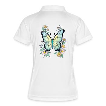 Schmetterling blau mit Blumen, Butterfly - Frauen Polo atmungsaktiv - Weiß/Navy - Hinten
