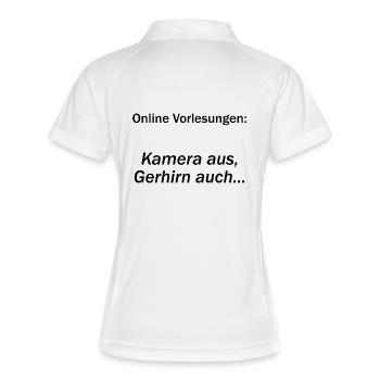 Unispruch "Online Vorlesungen" Geschenk, Studenten - Frauen Polo atmungsaktiv - Weiß/Navy - Hinten