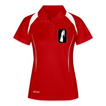 Schwarzweiß-Hand mit Kreuzkette - Frauen Polo atmungsaktiv - Rot/Weiß - Vorne