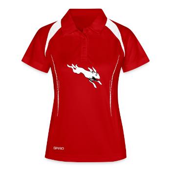 Angsthase nach Henri Meunier Hasenleben - Frauen Polo atmungsaktiv - Rot/Weiß - Vorne