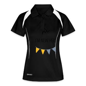 HI I'M NEW HERE | Baby Body Geschenk - Frauen Polo atmungsaktiv - Schwarz/Weiß - Vorne