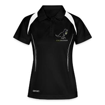 Vinosaurier mit Weinglas - Frauen Polo atmungsaktiv - Schwarz/Weiß - Vorne