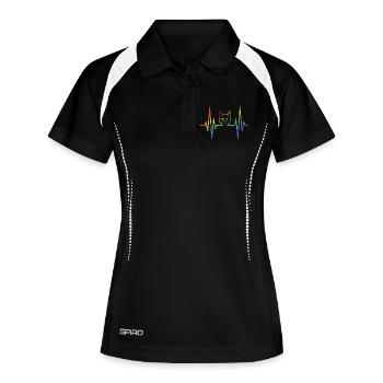 Regenbogenkatze mit Pulsherzlinie - Frauen Polo atmungsaktiv - Schwarz/Weiß - Vorne