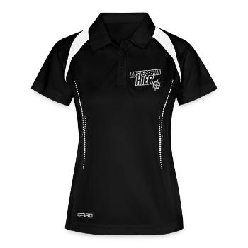 Ausvsersehen hier mit Kompass, Ironie - Frauen Polo atmungsaktiv - Schwarz/Weiß - Vorne