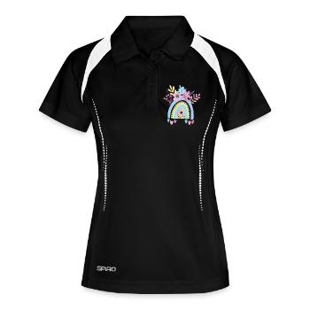 Pastellfarbener Regenbogen mit Blumenmuster - Frauen Polo atmungsaktiv - Schwarz/Weiß - Vorne