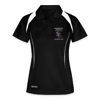 Spruch Shirt,Warum ich ohne Akku Rennrad fahre? - Frauen Polo atmungsaktiv - Schwarz/Weiß - Vorne