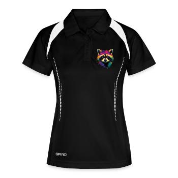 Waschbär Popart Bunt Regenbogen Raccoon Waschbären - Frauen Polo atmungsaktiv - Schwarz/Weiß - Vorne