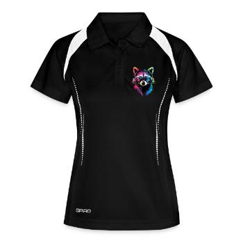Waschbär Popart Bunt Regenbogen Raccoon Waschbären - Frauen Polo atmungsaktiv - Schwarz/Weiß - Vorne