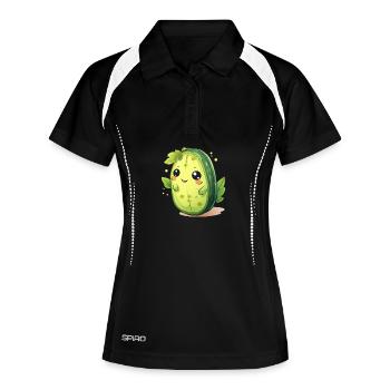 Kawaii Kaktus Gurke Männchen – Süßes Design - Frauen Polo atmungsaktiv - Schwarz/Weiß - Vorne
