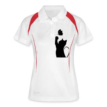 Katze mit Schmetterling - Frauen Polo atmungsaktiv - Weiß/Rot - Vorne