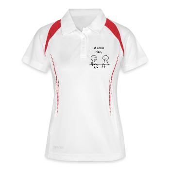 Ist schön hier. | Zwei Figuren mit Herz - Frauen Polo atmungsaktiv - Weiß/Rot - Vorne