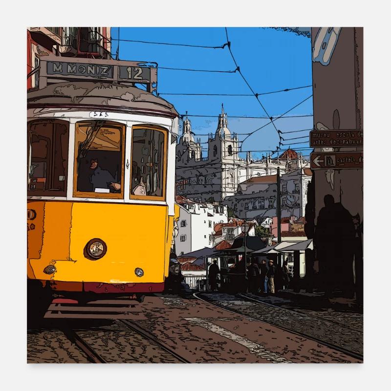 Straßenbahn in Lissabon - Poster 60x60 cm - Weiß