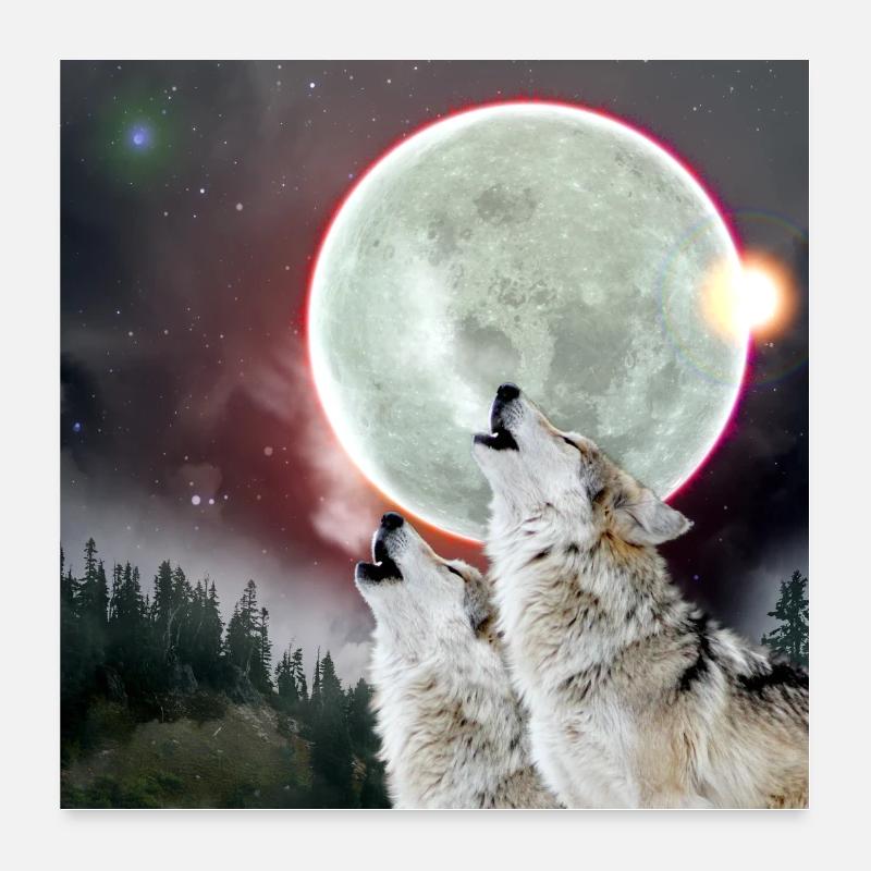 Wolves Howling Moon Eclipse Wolf Art Poster 24" x 24" (60x60 cm)