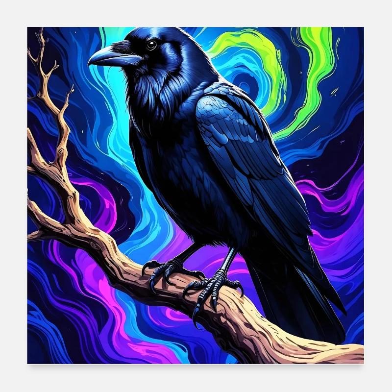Lebendige Black Crow Kunst auf psychedelischem Hintergrund Poster 60x60 cm
