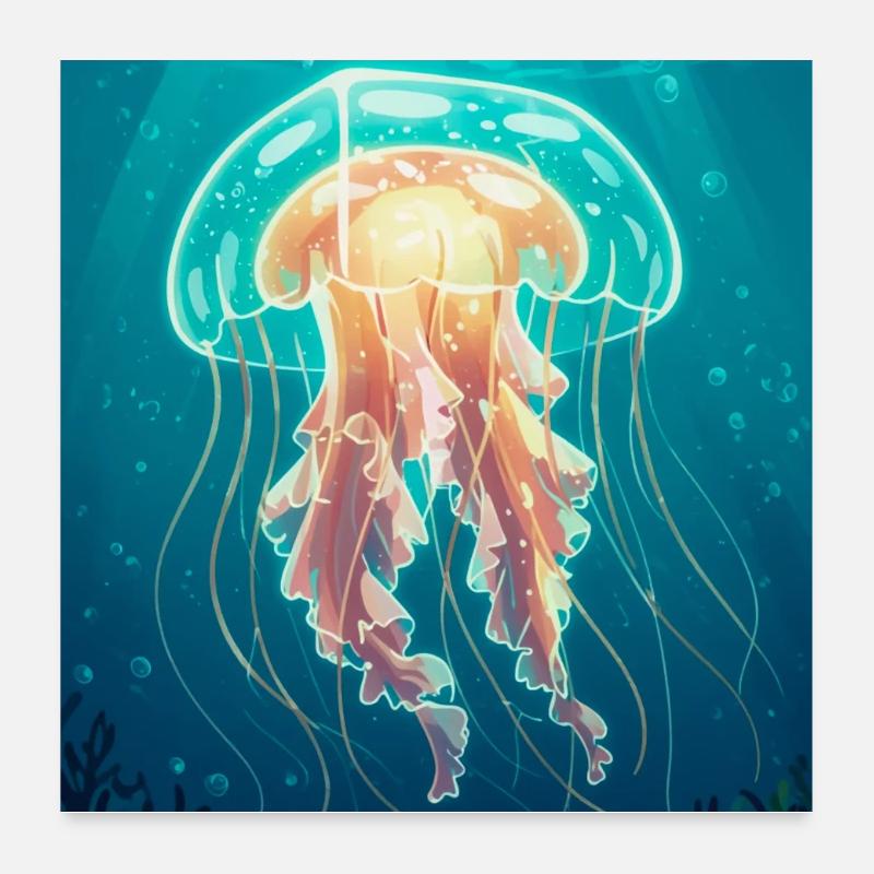 Méduse-boîte de style bande dessinée, en forme de cube transparent Poster 60 x 60 cm