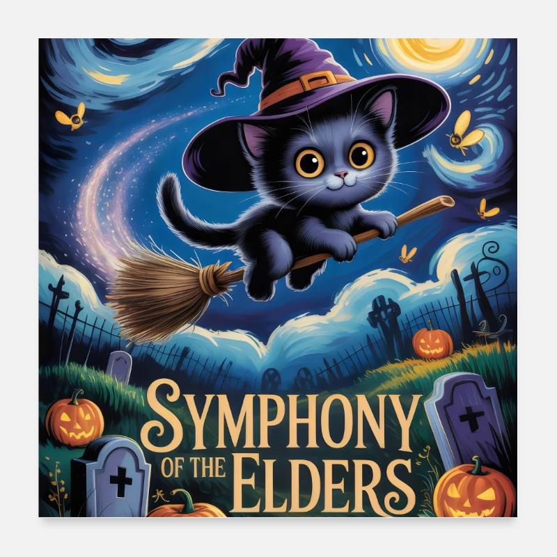 Chaton Sorcière Volant Au-dessus du cimetière d’Halloween Poster 60 x 60 cm