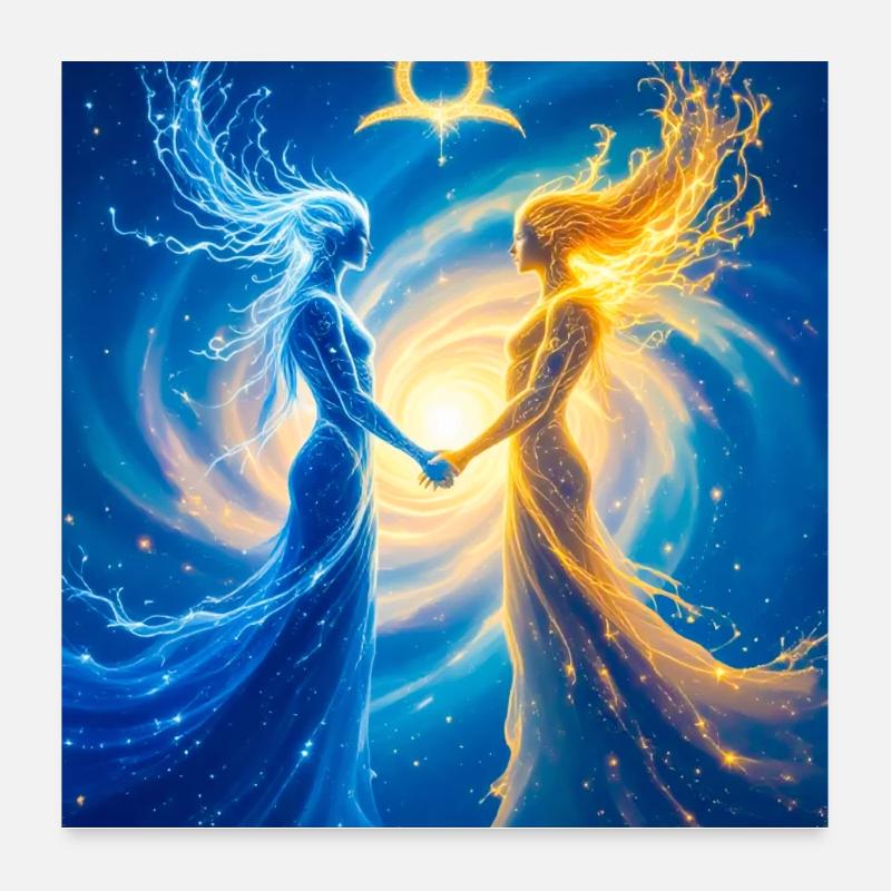 Des êtres célestes jumeaux unis dans un dialogue éternel Poster 60 x 60 cm