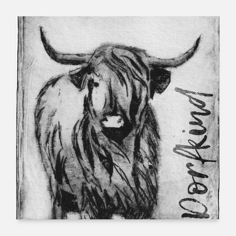Enfant du village avec vache - Modèle imprimé sculpté à la main Poster 60 x 60 cm