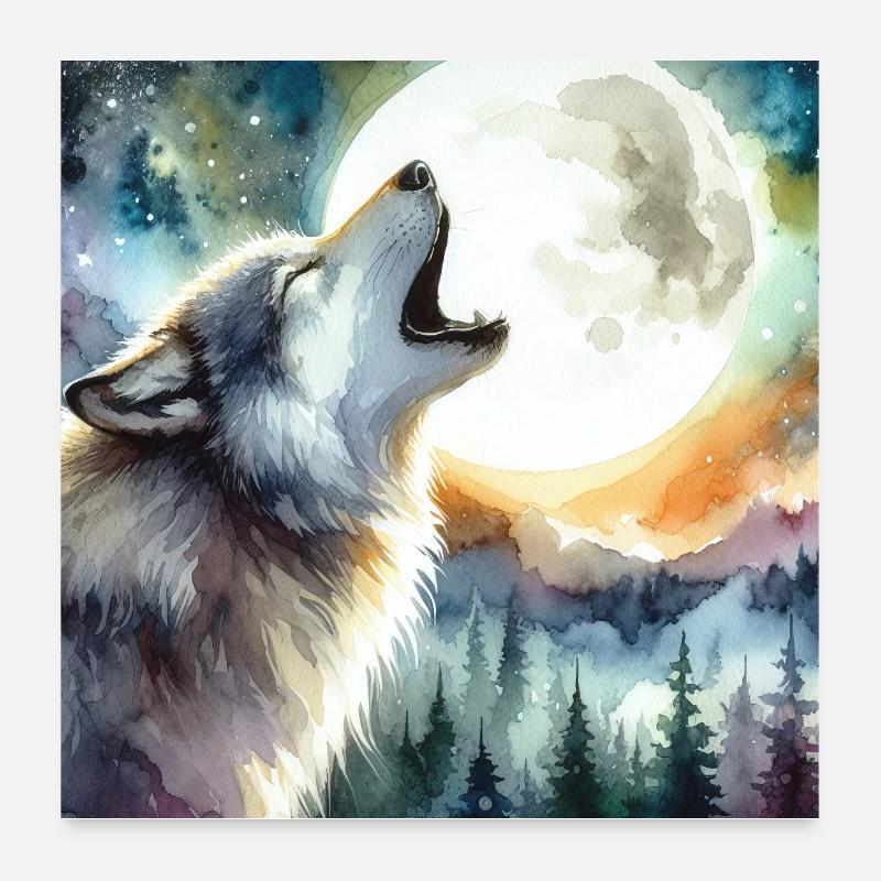 MOONLIT WOLF HOWL NIGHTLY RITUAL, WILDERNESS Poster 24" x 24" (60x60 cm)