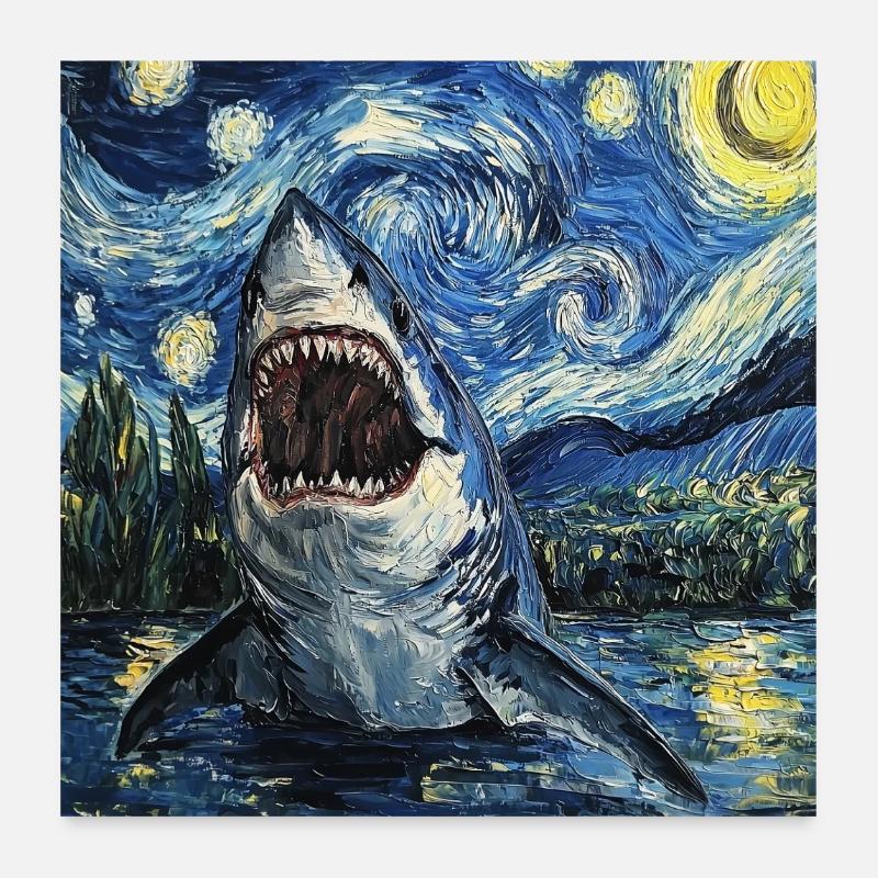 Requin Poisson Style Van Gogh Nuit étoilée Poster 60 x 60 cm