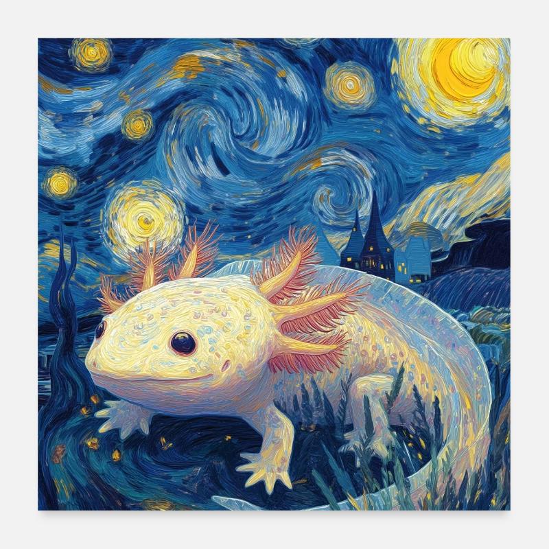 Axolotl Van Gogh Starry Night - Poster 60x60 cm - Weiß