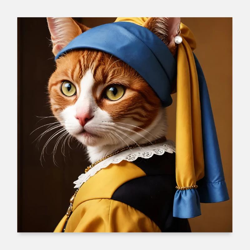 Le chat à la perle boucle d’oreille - Poster 60 x 60 cm - blanc