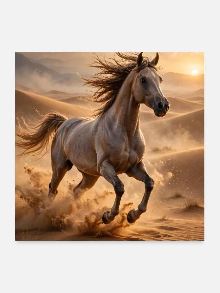 Pferdegalopp in der Wüste - Poster 60x60 cm - Weiß