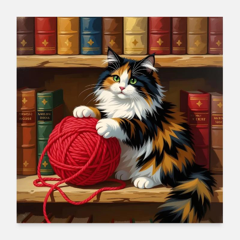 Katzenglanz: Kätzchen mit rotem Garn im Regal Poster 60x60 cm