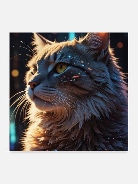Sternenpfote: Neon-Katze im Licht - Poster 60x60 cm - Weiß - Vorne