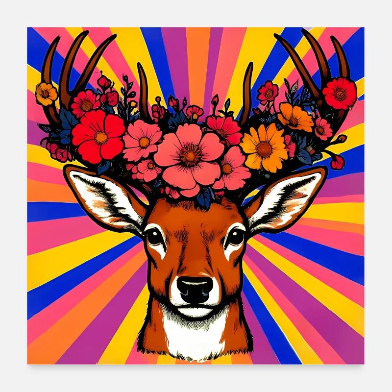 Hirsch mit Blumen Poster 60x60 cm
