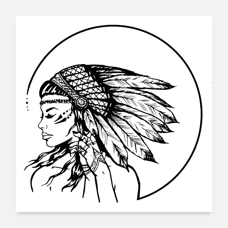 Femme avec coiffe de plumes Poster 60 x 60 cm