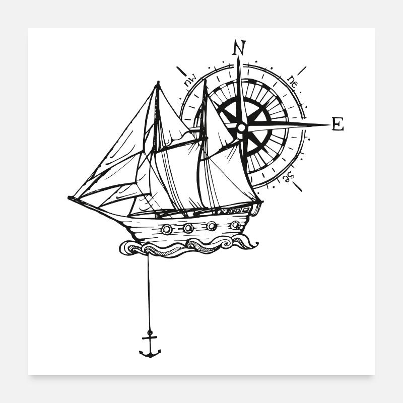 Schiff mit Kompass und Anker - Poster 60x60 cm - Weiß