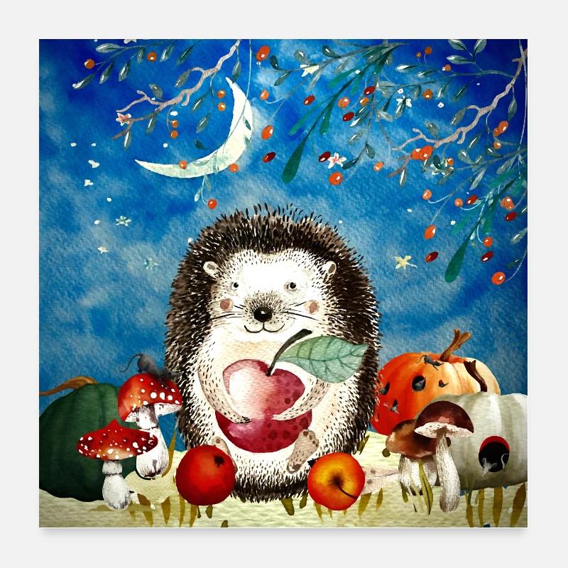 Tierfreunde im Wald - Kleiner Igel im Herbst - Poster 60x60 cm - Weiß