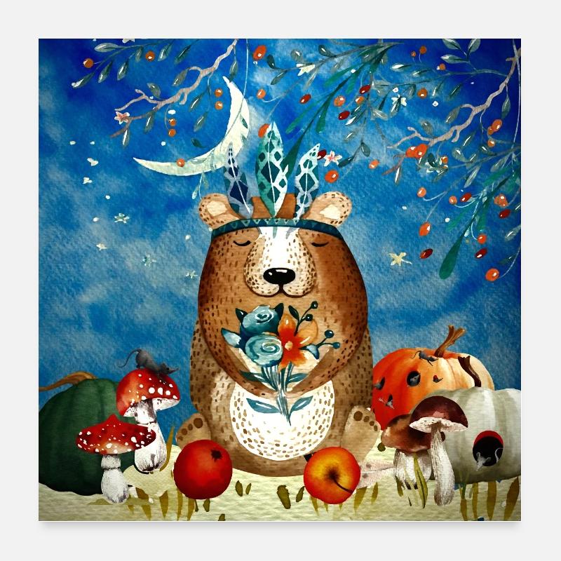 Tierfreunde im Wald - Kleiner Bär im Herb - Poster 60x60 cm - Weiß