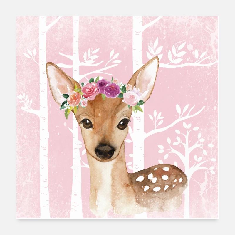 Wald Freunde im Rosa Märchenwald - Das süße Reh - Poster 60x60 cm - Weiß