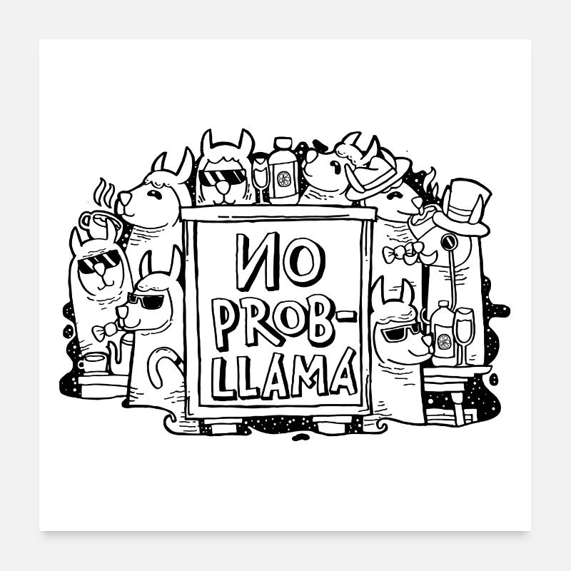 Lama Alpaka No Prob-Llama Doodle - Poster 60x60 cm - Weiß