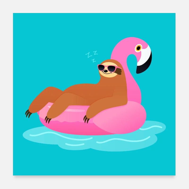 Sloth With Flamingo Pool Float - Poster 24" x 24" (60x60 cm) - white