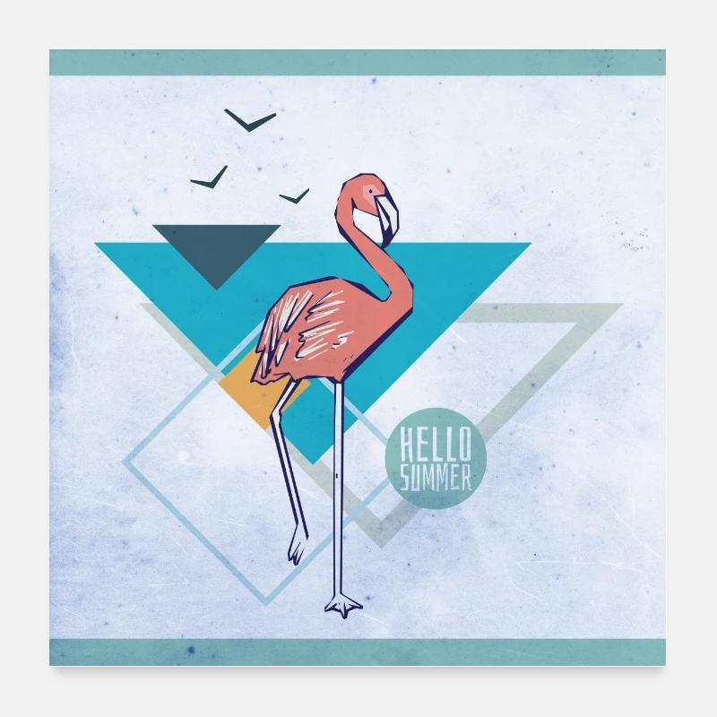 Flamingo "hello summer" Poster - Poster 60x60 cm - Weiß