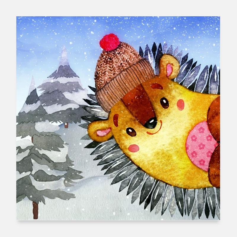 Animaux amis dans la forêt d'hiver - Le petit hérisson - Poster 60 x 60 cm - blanc