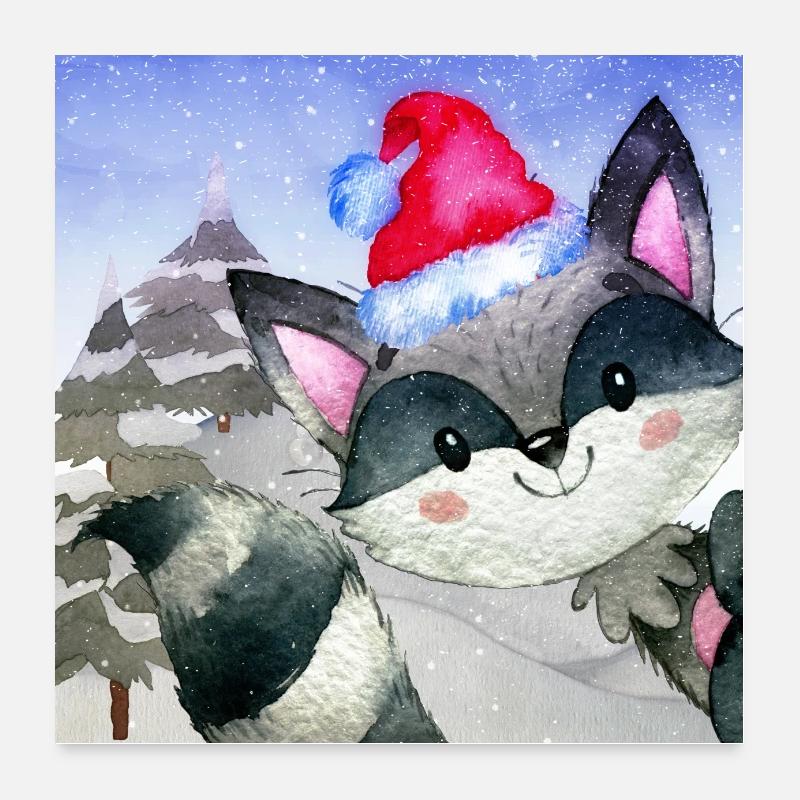 Animaux amis dans la forêt d'hiver - Le petit raton laveur Poster 60 x 60 cm
