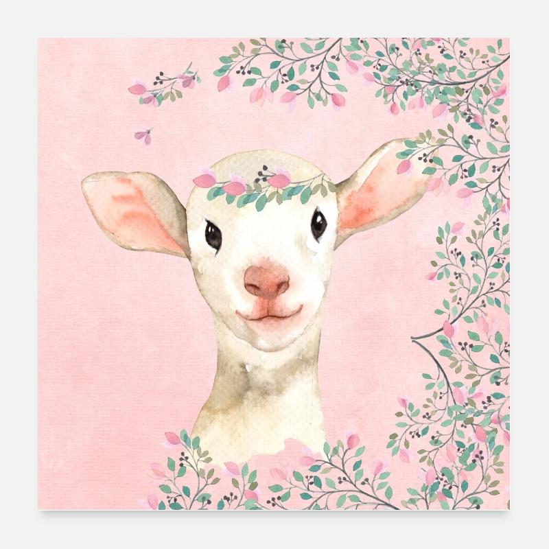Wald Freunde im Rosa Blütenwald - Das Lamm Poster 60x60 cm