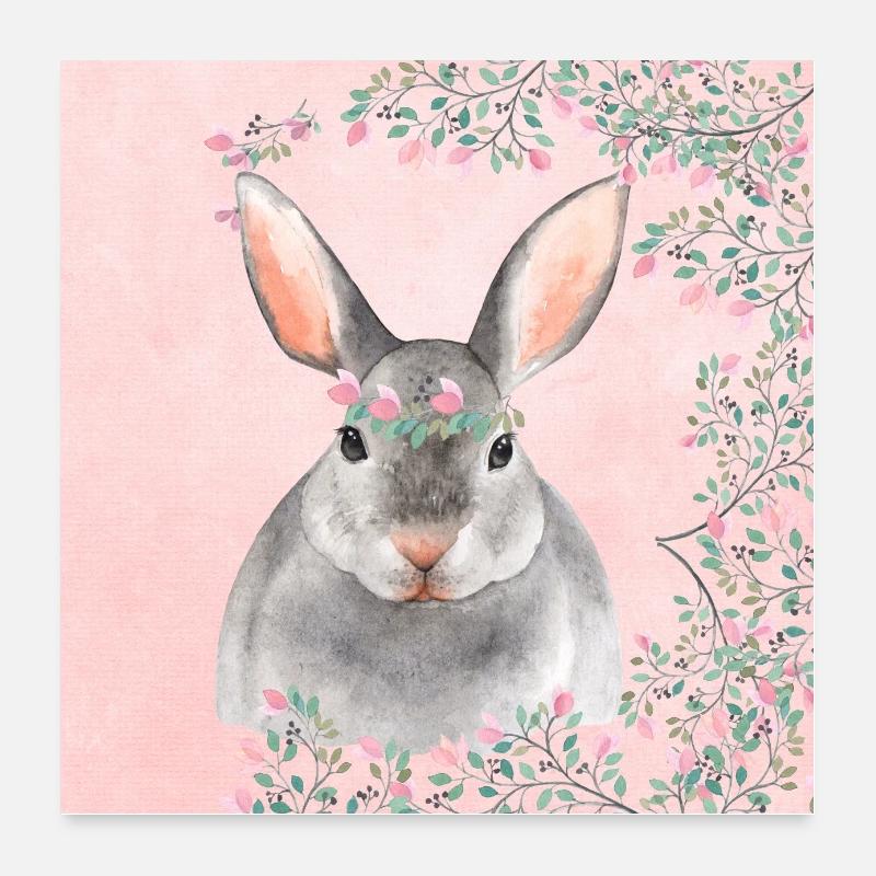 Wald Freunde im Rosa Blütenwald - Der Hase - Poster 60x60 cm - Weiß