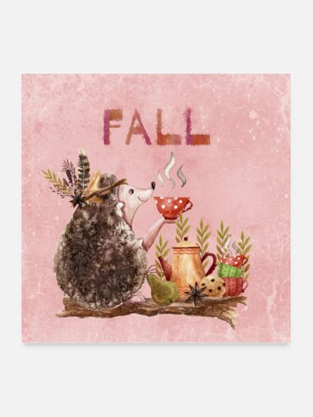 Herbstfreunde - Igel mit Tee - Poster 60x60 cm - Weiß
