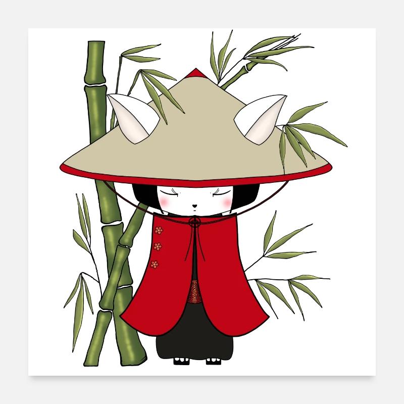 Chat japonais avec chapeau de cône et bambou Poster 60 x 60 cm