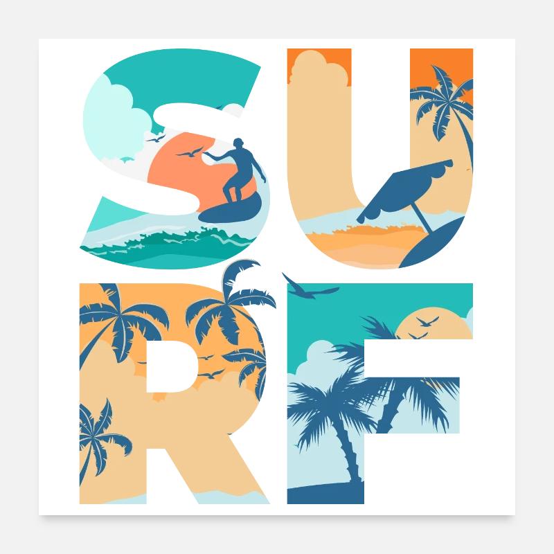 SURF Dété Plage Vagues Surf - Idée cadeau Poster 60 x 60 cm