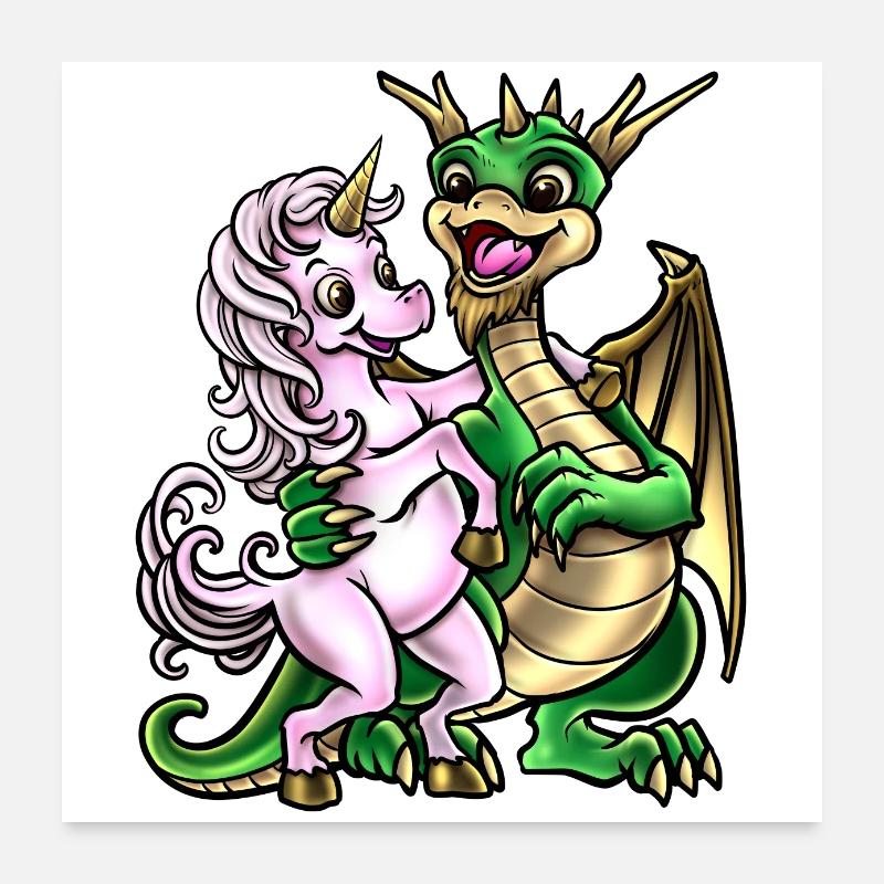 Dragon et licorne | Amitié câlin créature Poster 60 x 60 cm