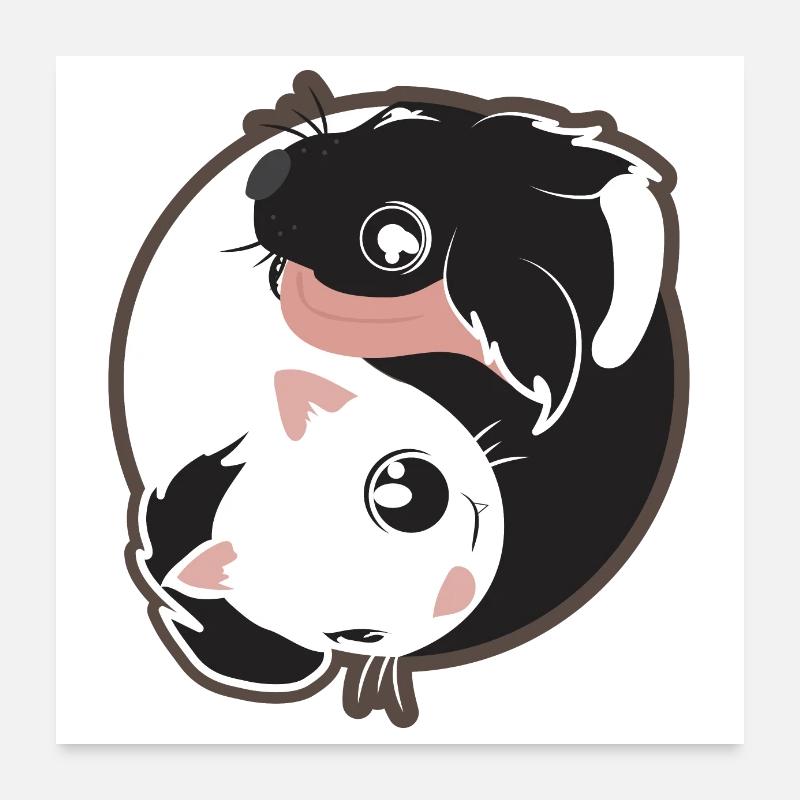 Yin Yang Katze Hund schwarz-weiß - Geschenkidee Poster 60x60 cm