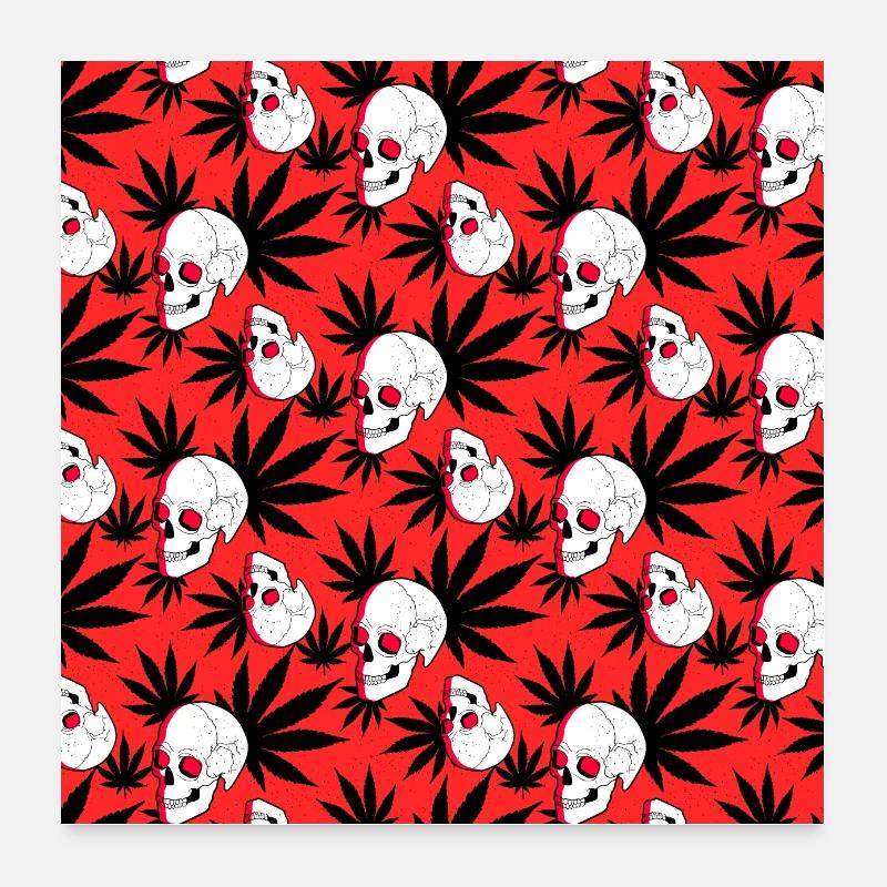 Totenkopf Schädel Cannabis Gras rotes Muster - Poster 60x60 cm - Weiß