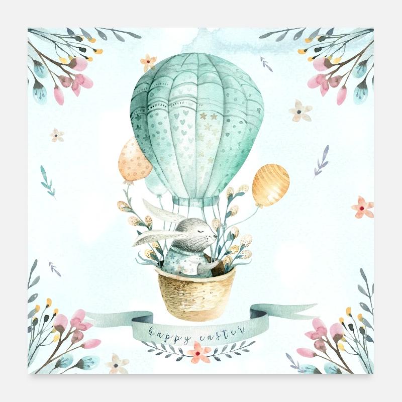 Happy Easter - Lapin en montgolfière - Poster 60 x 60 cm - blanc