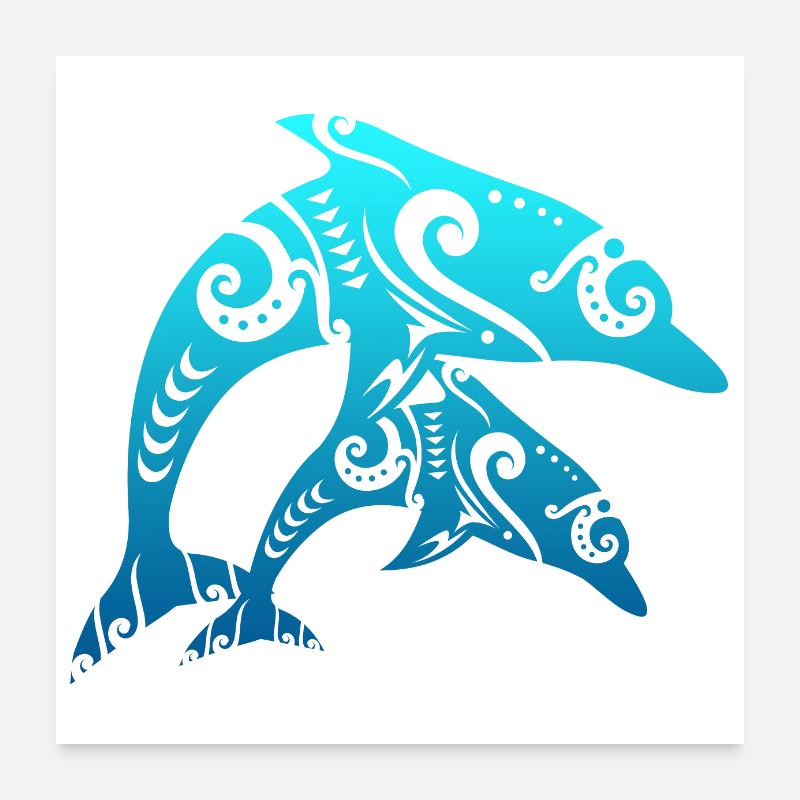 Maori Pair Dolphins Tribal Tattoo Blue Gift Poster 24" x 24" (60x60 cm)